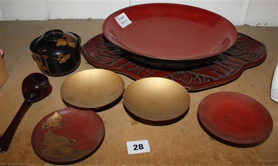 Various Japanese lacquer dishes, a tray and bowl with cover